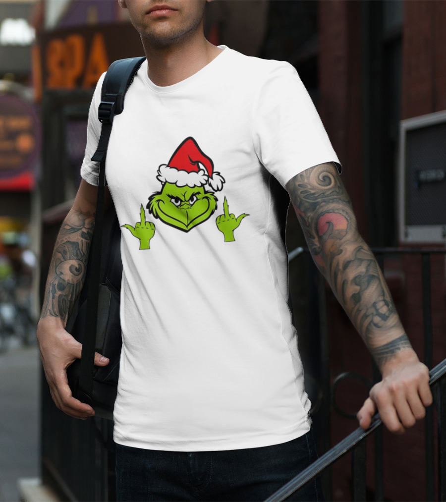 Grinch Middle Finger Funny Grinchmas Santa Claus Iconic Holiday Humor T-Shirt