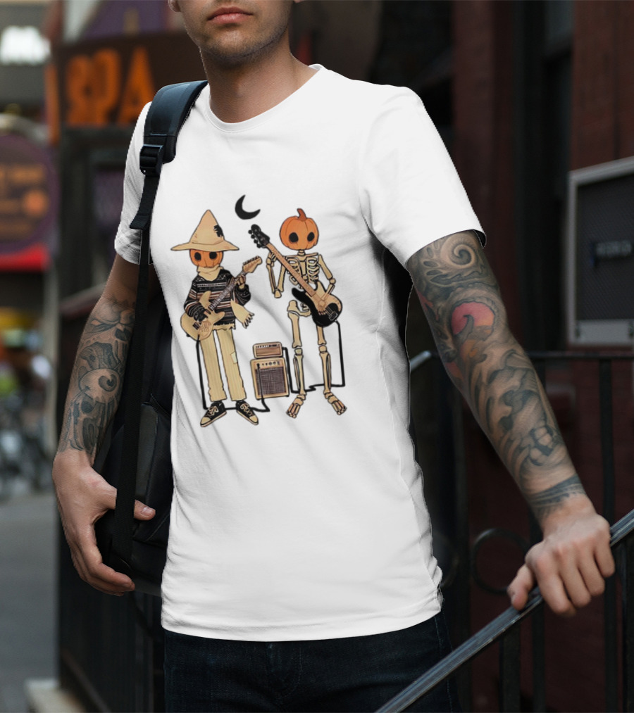 Libby Frame Pumpkin Skeleton Musicians With Crescent Moon T-Shirt