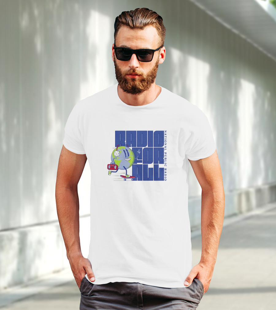 RADIO FOR ALL National Public Radio Cartoon Skateboarding Globe T-Shirt
