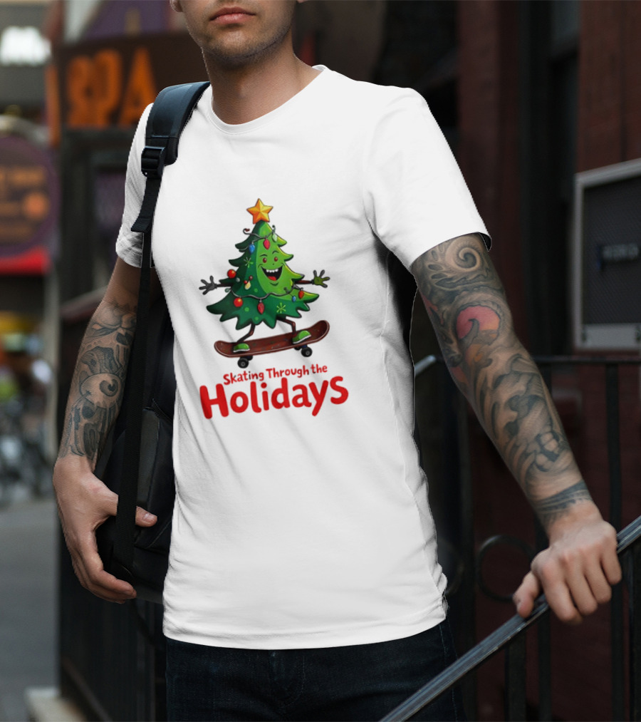 Skating Through The Holidays Christmas Tree Skateboard T-Shirt