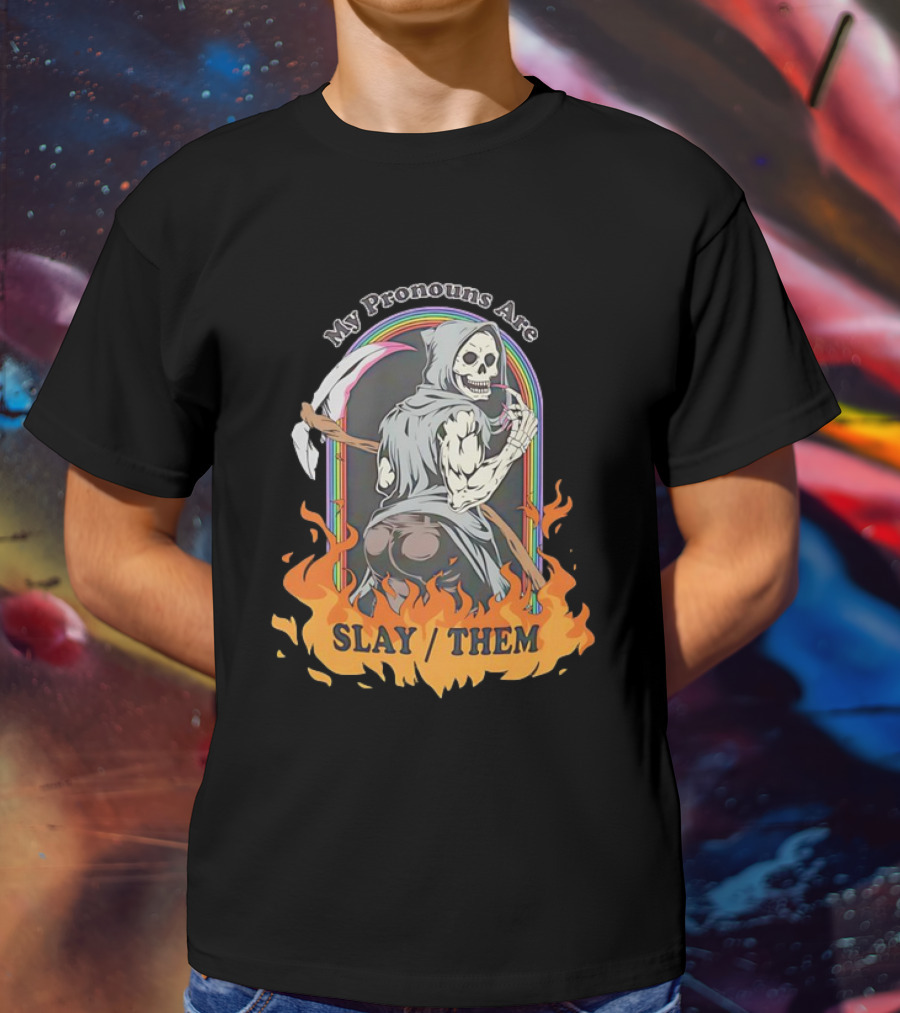 Skeleton My Pronouns Are Slay Them Cartoon Retro Rainbow Flames T-Shirt