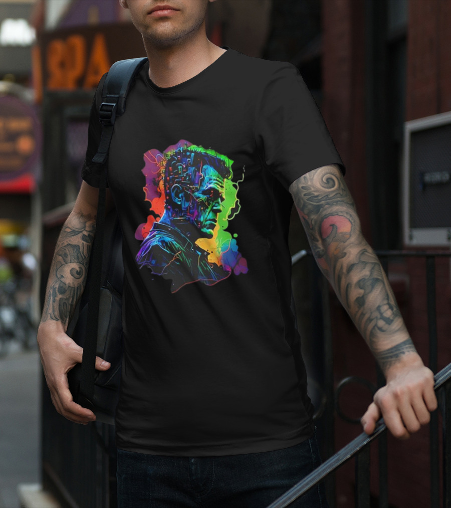 Cyberpunk Frankenstein Neon Circuit Profile T-Shirt