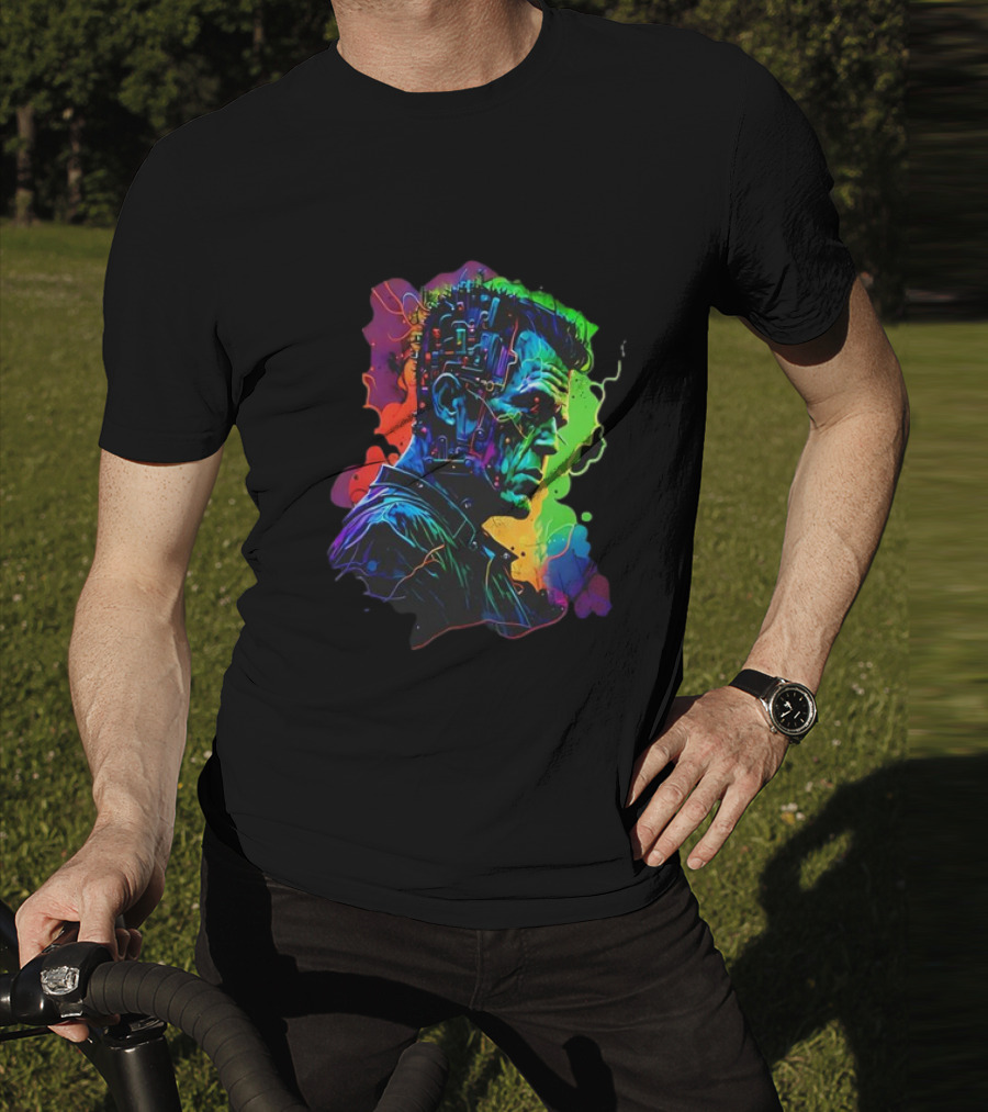 Cyberpunk Frankenstein Neon Circuit Profile T-Shirt