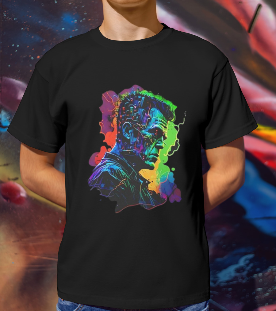 Cyberpunk Frankenstein Neon Circuit Profile T-Shirt
