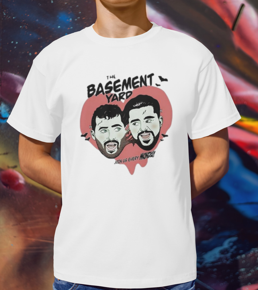The Basement Yard Join Us Every Monday Spooky Season With Two Characters And Bats T-Shirt