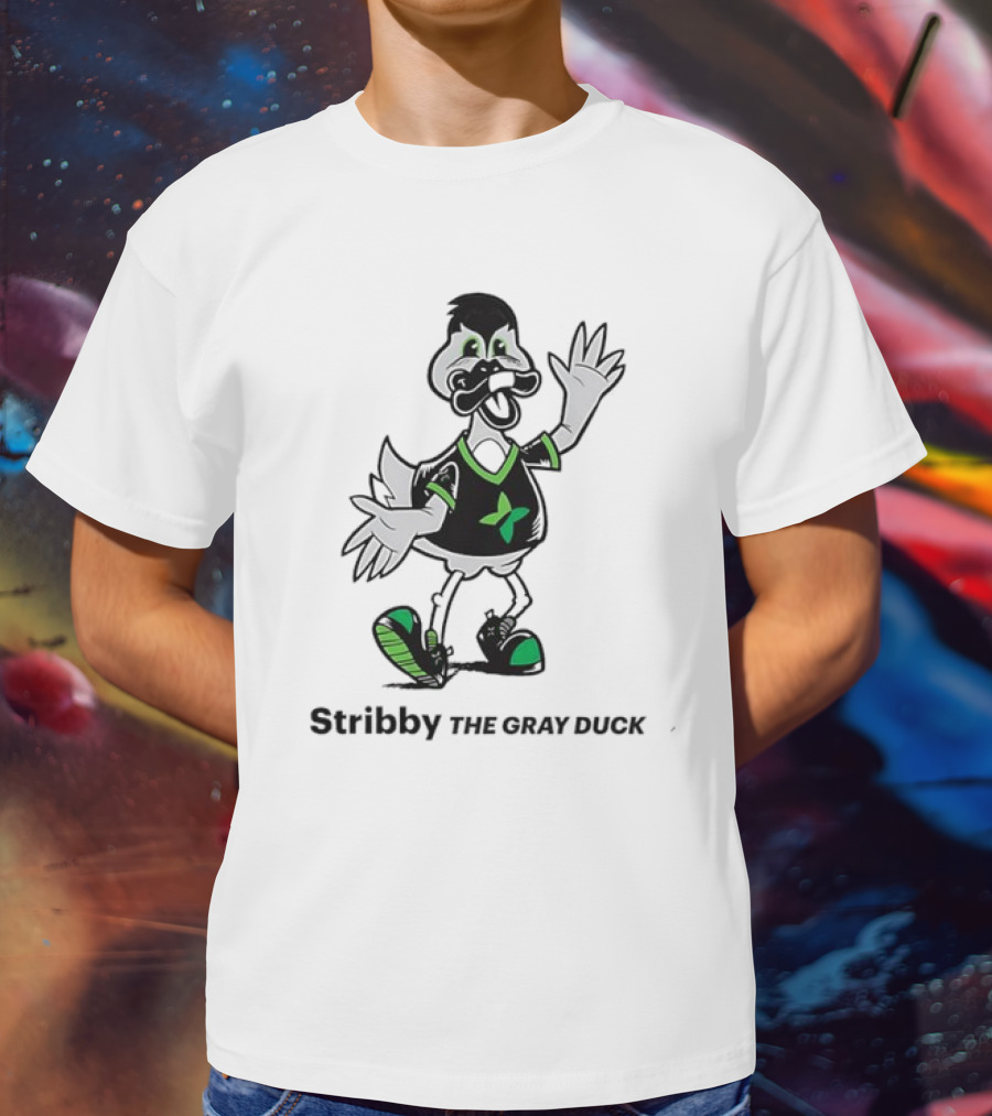 Stribby The Gray Duck Cartoon Mascot With Green And Black T-Shirt