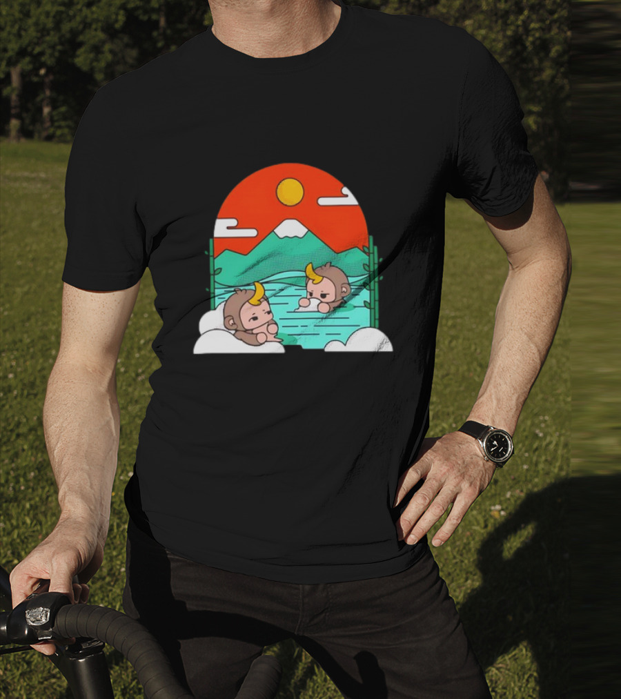 Connor Colquhoun The Tranquil Cute Monkeys In Vibrant Mountain Hot Spring Scenery With Sun And Clouds T-Shirt