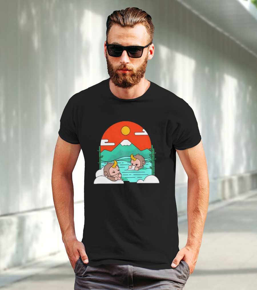 Connor Colquhoun The Tranquil Cute Monkeys In Vibrant Mountain Hot Spring Scenery With Sun And Clouds T-Shirt