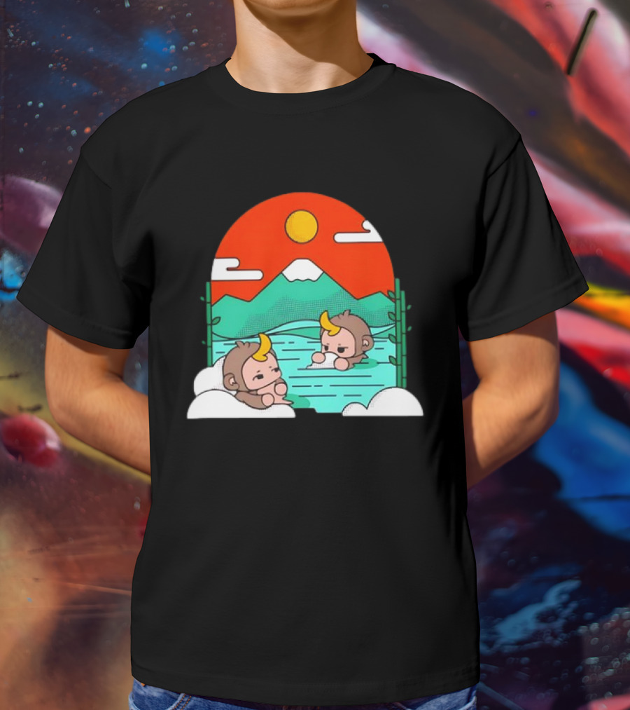 Connor Colquhoun The Tranquil Cute Monkeys In Vibrant Mountain Hot Spring Scenery With Sun And Clouds T-Shirt