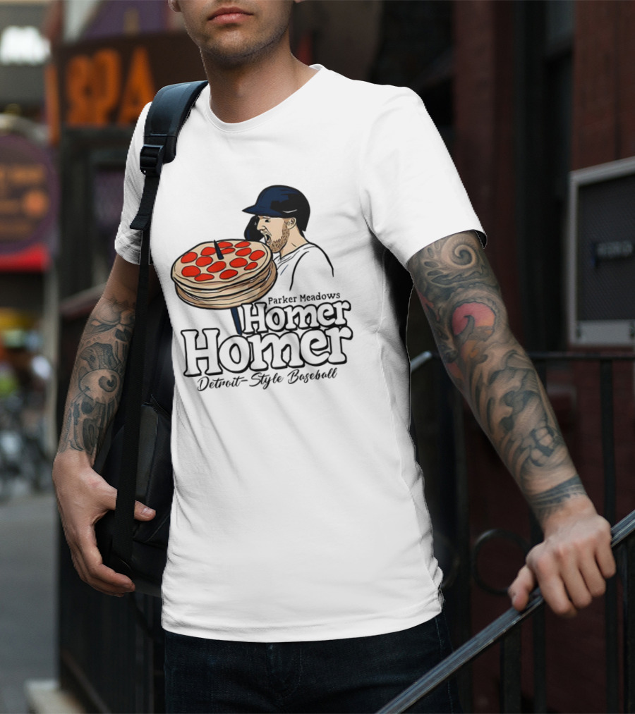 Parker Meadows Homer Homer Detroit-Style Baseball Pizza T-Shirt