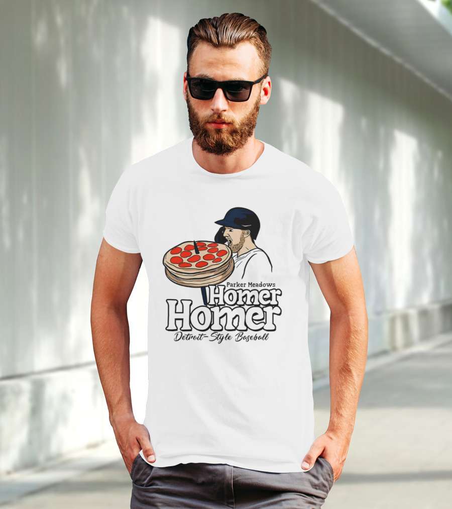 Parker Meadows Homer Homer Detroit-Style Baseball Pizza T-Shirt