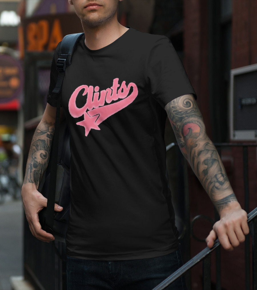 Clints Pink Fuzzy Star Script T-Shirt