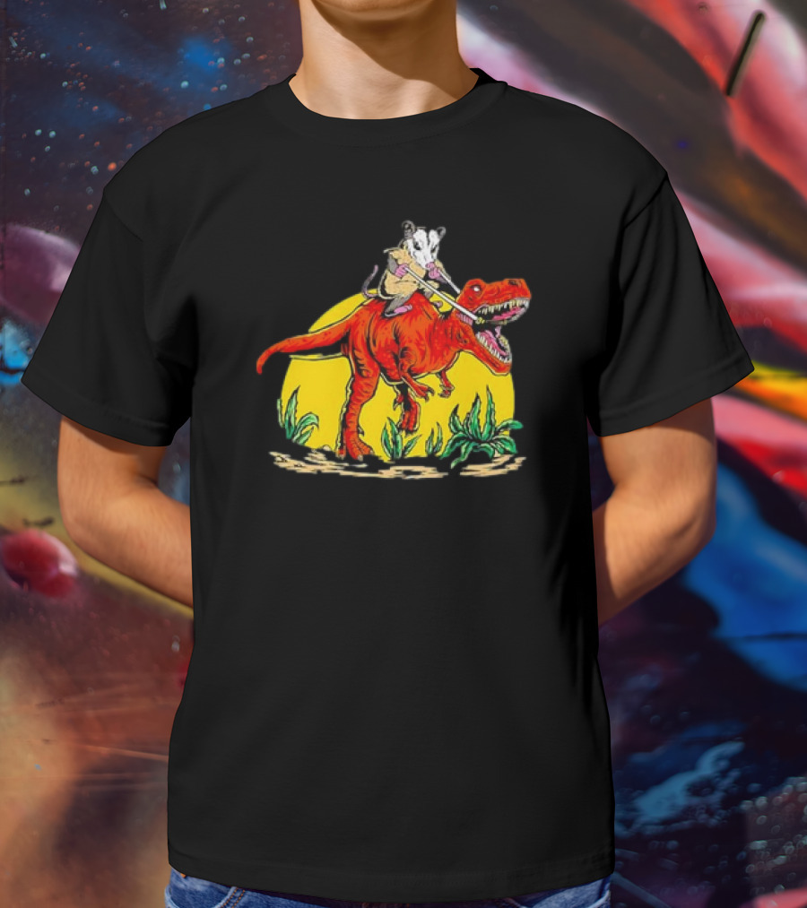 Opossum Riding T-Rex Dinosaur Retro Sunset Forest Scene T-Shirt