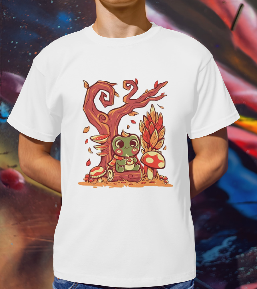 Cozy Autumn Days Cute Frog Enjoying Fall Leaves T-Shirt