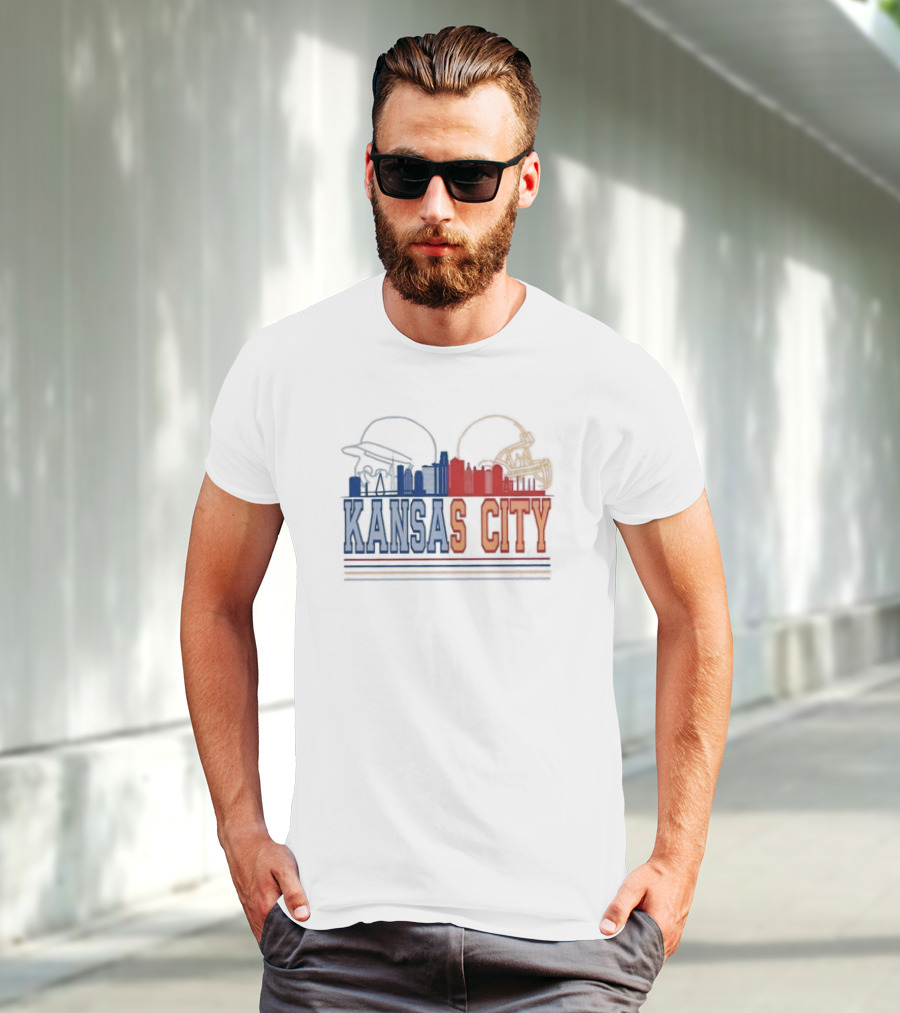 Kansas City Skyline Featuring Kansas City Chiefs Royals Helmets T-Shirt