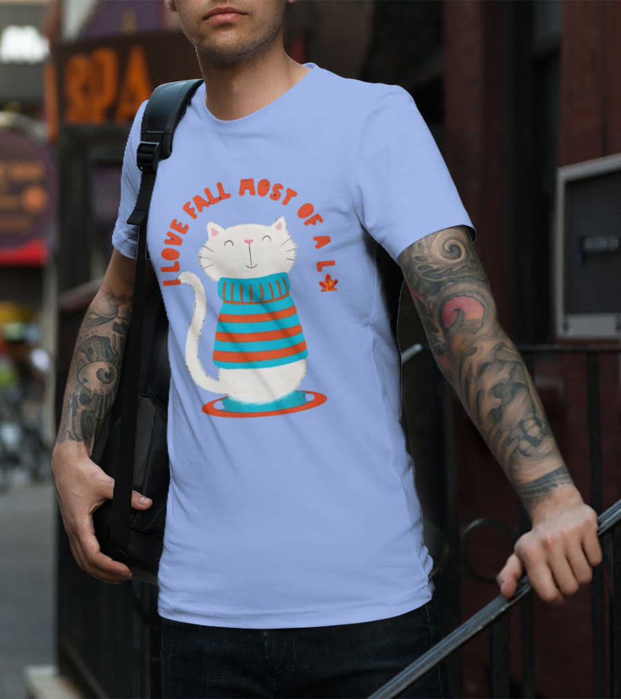 I Love Fall Most Of All Cat In Striped Sweater With Leaf T-Shirt