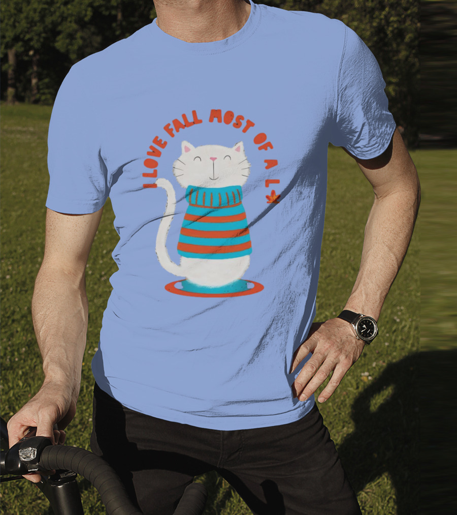 I Love Fall Most Of All Cat In Striped Sweater With Leaf T-Shirt