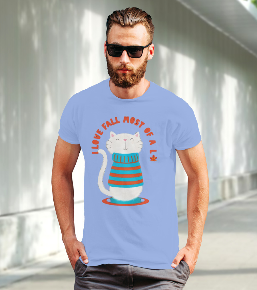 I Love Fall Most Of All Cat In Striped Sweater With Leaf T-Shirt