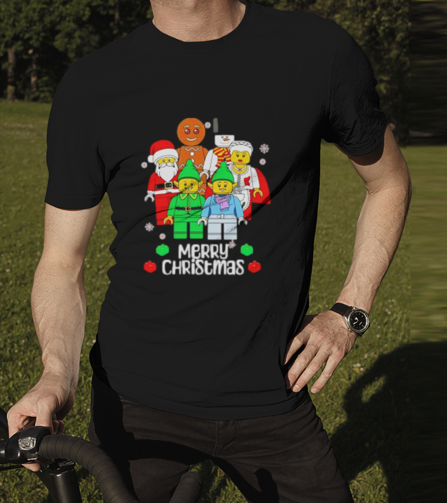 Merry Christmas Santa Elf Snowman Gingerbread Building Bricks Figures T-Shirt