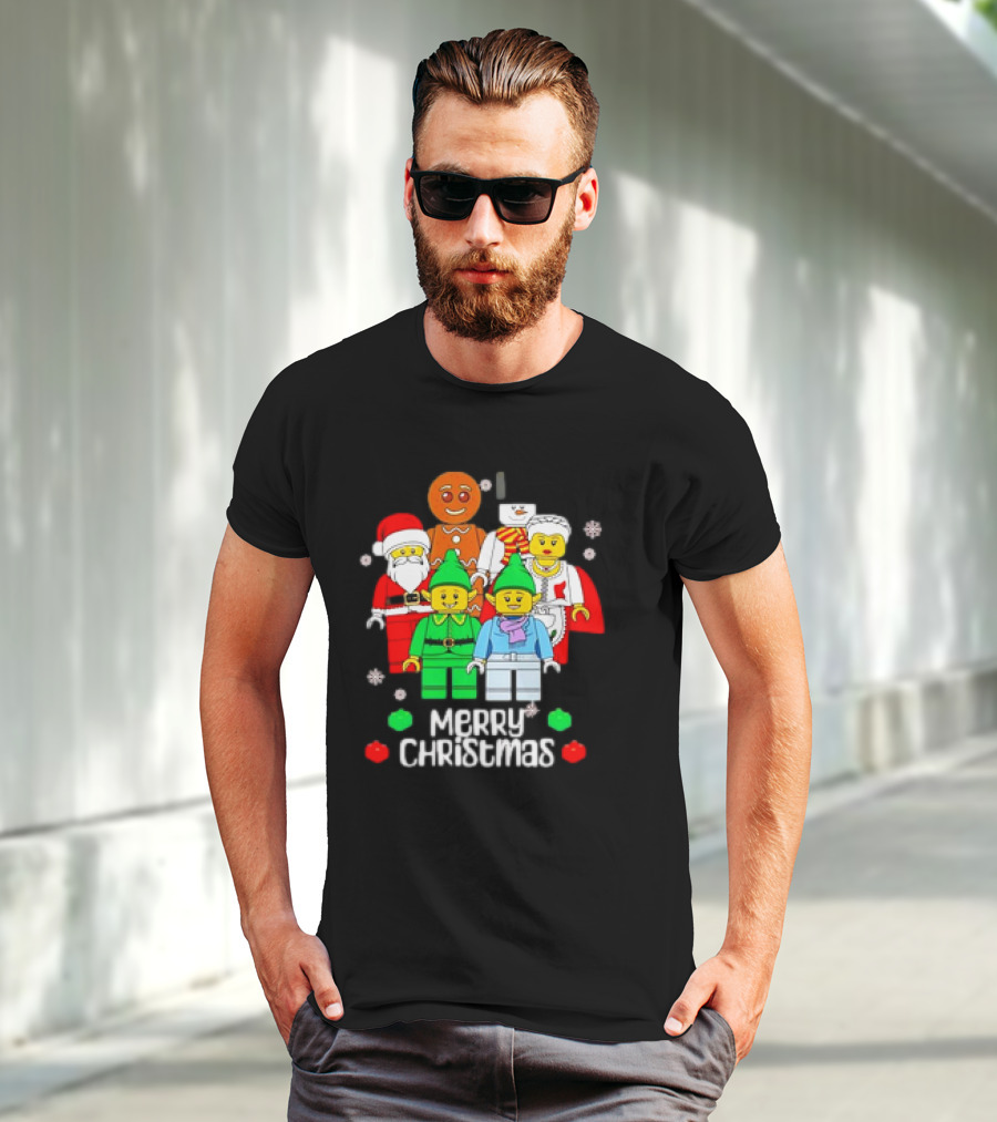 Merry Christmas Santa Elf Snowman Gingerbread Building Bricks Figures T-Shirt