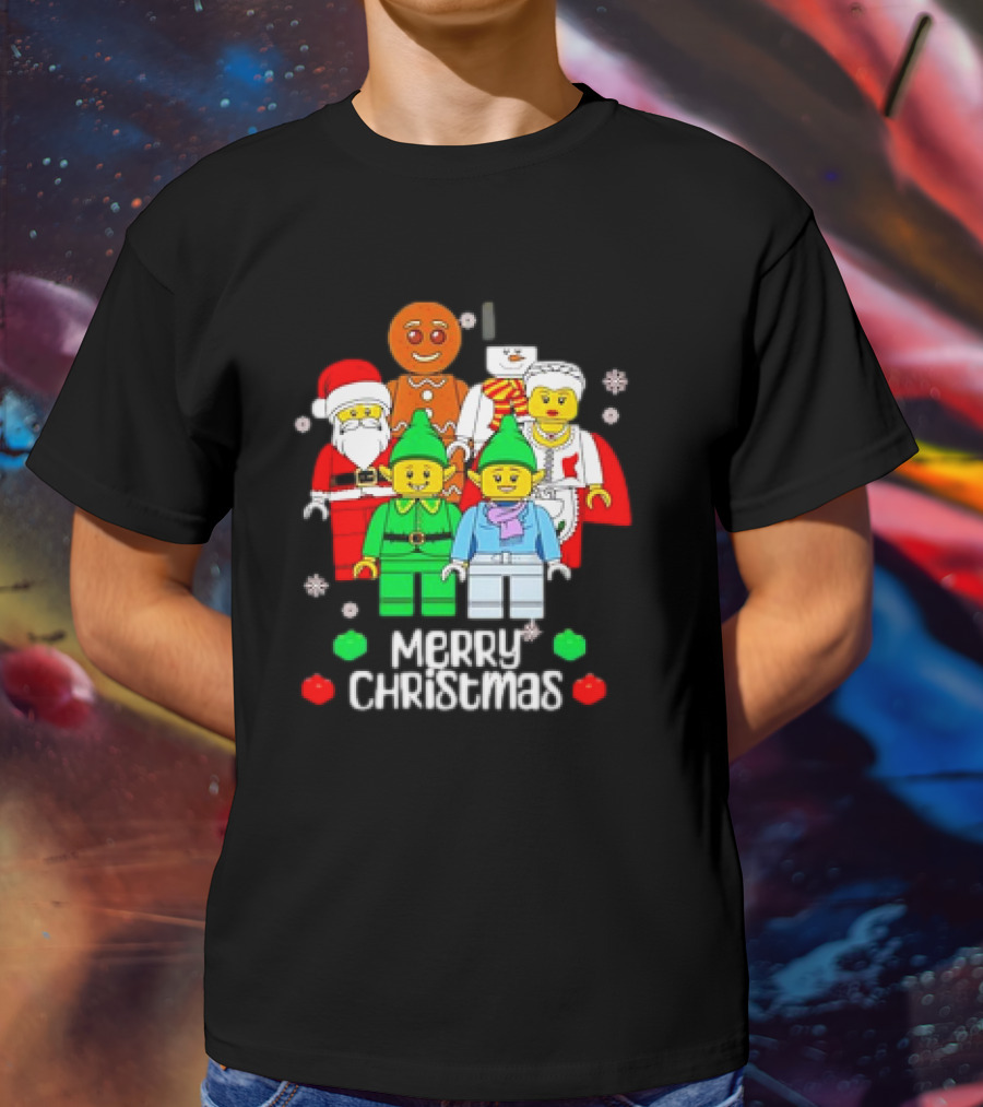 Merry Christmas Santa Elf Snowman Gingerbread Building Bricks Figures T-Shirt