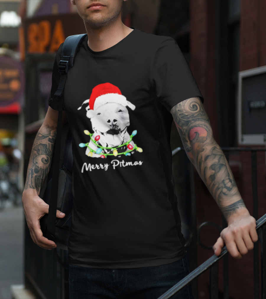 Merry Pitmas Pit Bull Santa With Christmas Tree Lights T-Shirt