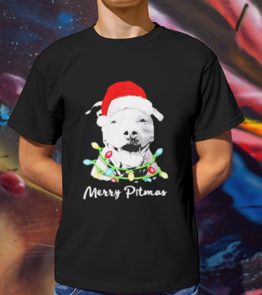Merry Pitmas Pit Bull Santa With Christmas Tree Lights T-Shirt
