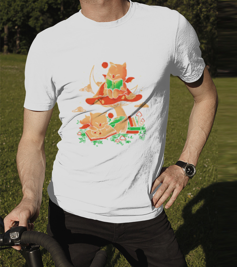 Cat Kupo Moogles Reading On Mushroom With Books T-Shirt