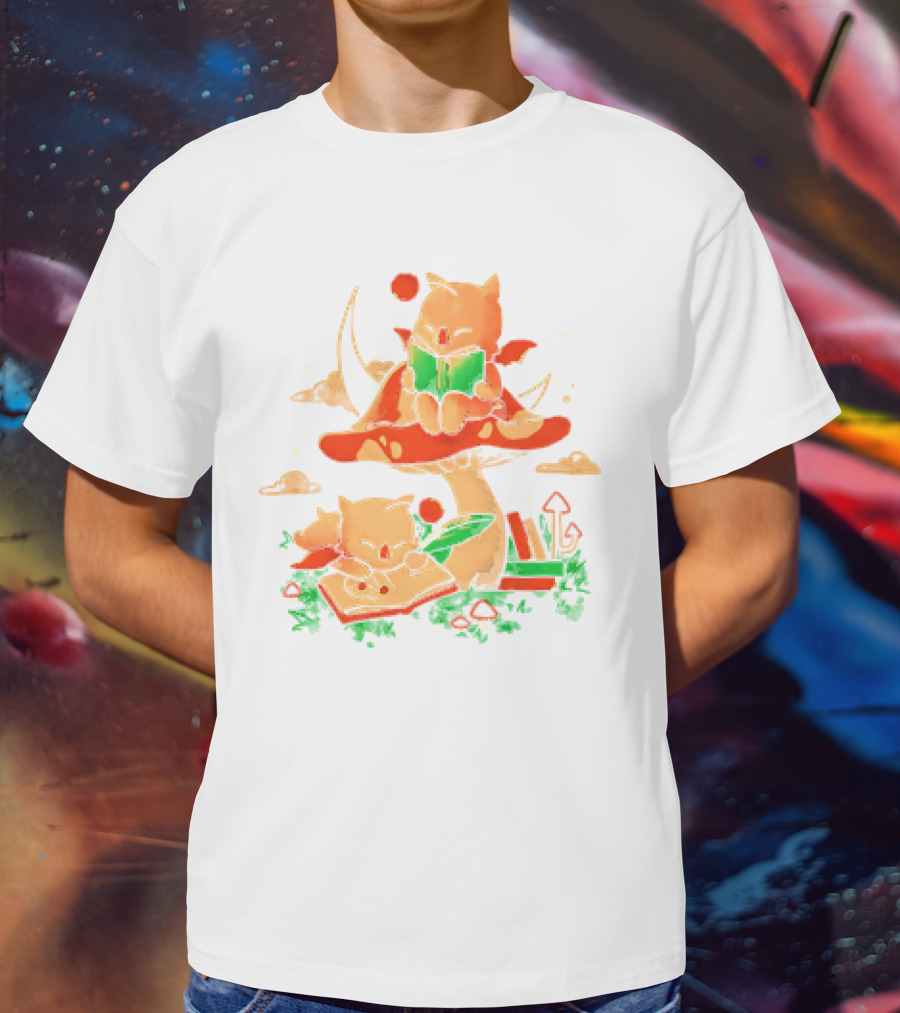 Cat Kupo Moogles Reading On Mushroom With Books T-Shirt