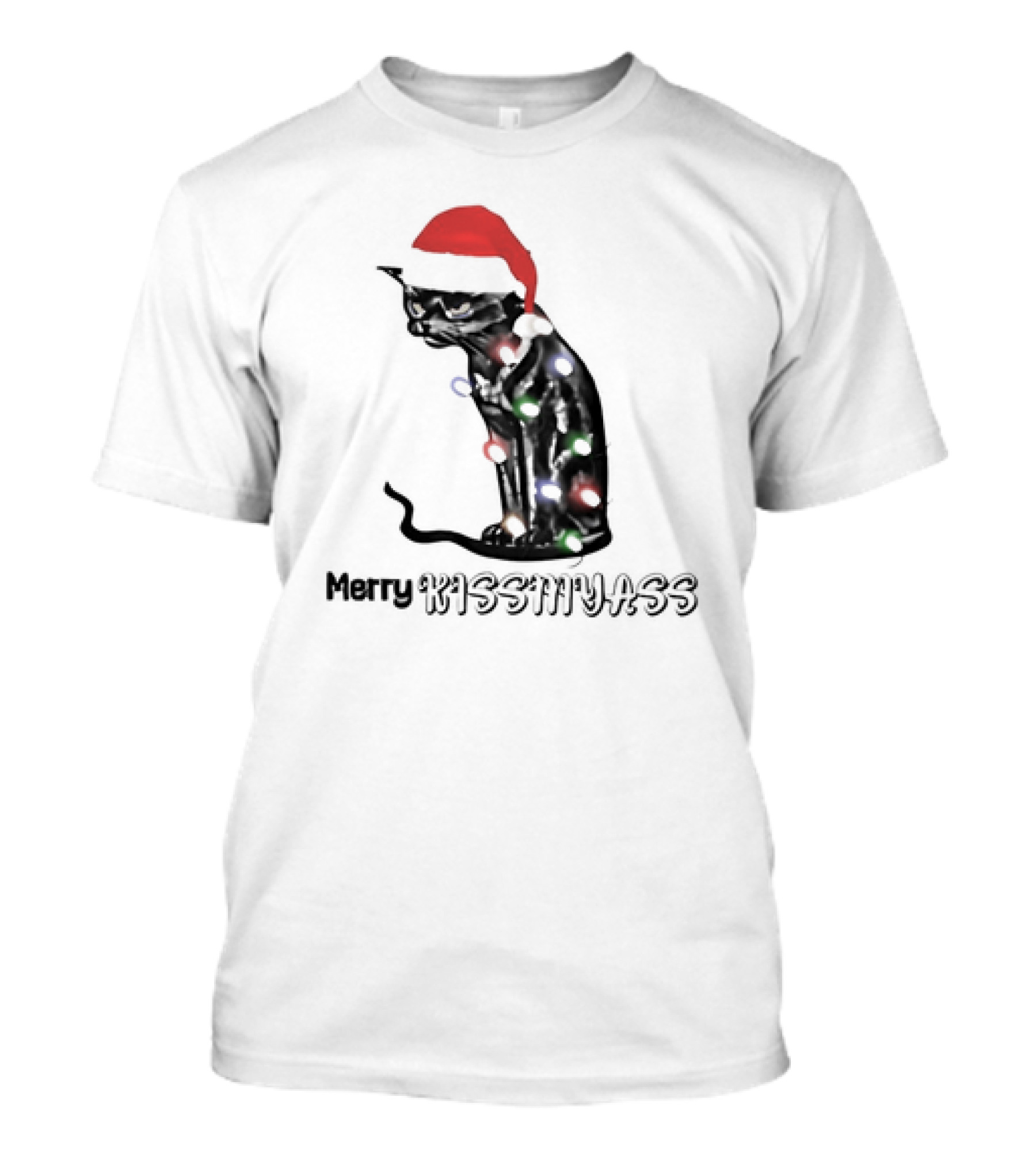 Merry Kiss My Ass Cat Christmas Lights Santa Hat T-Shirt