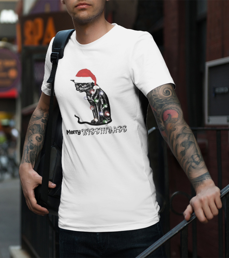 Merry Kiss My Ass Cat Christmas Lights Santa Hat T-Shirt