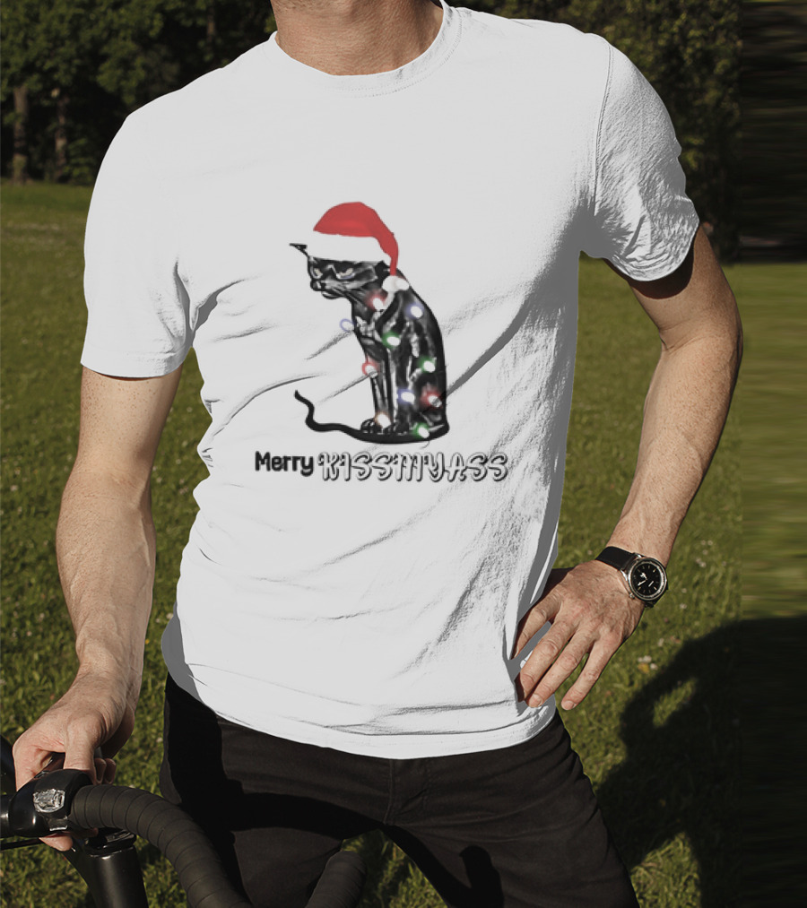 Merry Kiss My Ass Cat Christmas Lights Santa Hat T-Shirt