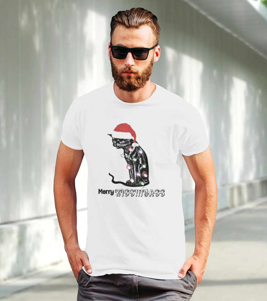 Merry Kiss My Ass Cat Christmas Lights Santa Hat T-Shirt