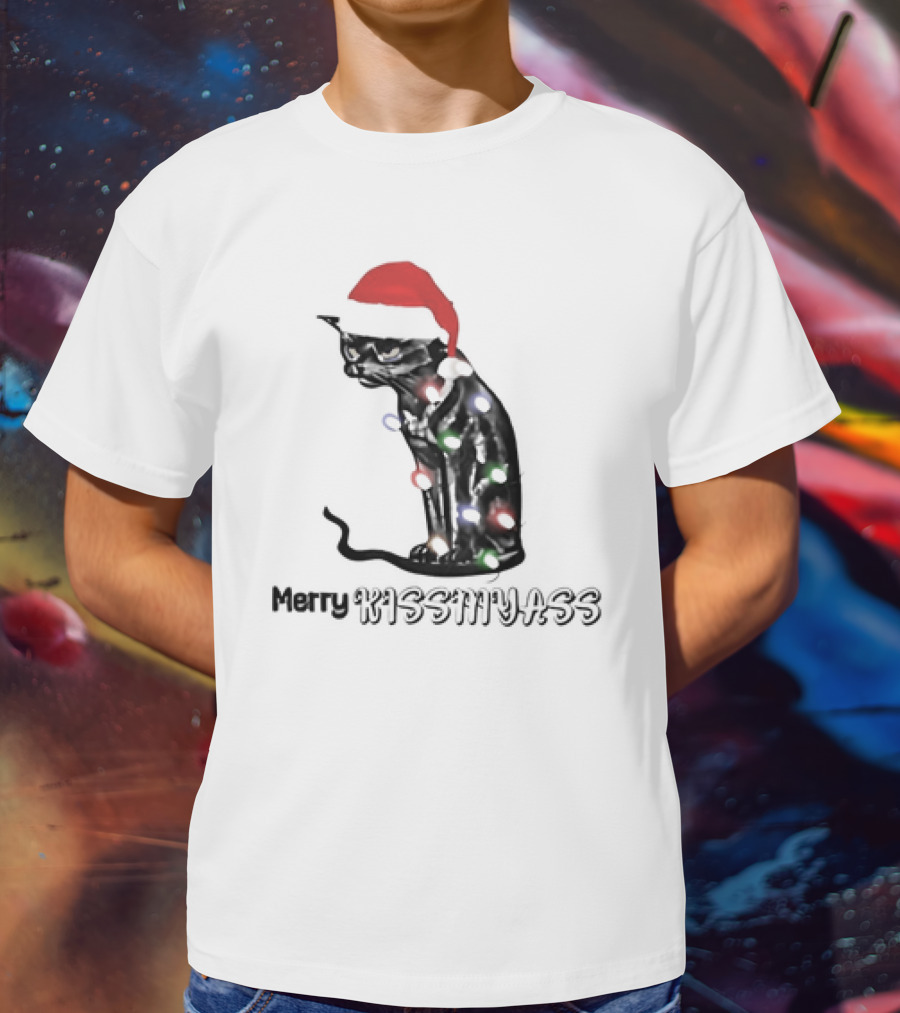 Merry Kiss My Ass Cat Christmas Lights Santa Hat T-Shirt