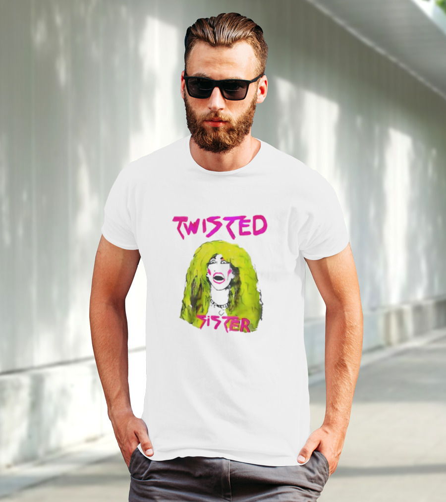 Twisted Sister Cartoon Portrait Neon Hair Rock Face T-Shirt
