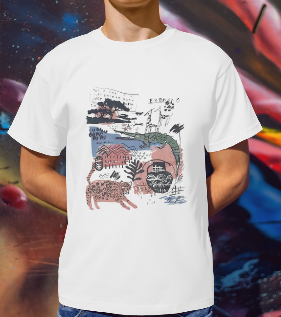 Evening Jungle Dusk Crocodile Leopard Scribble T-Shirt