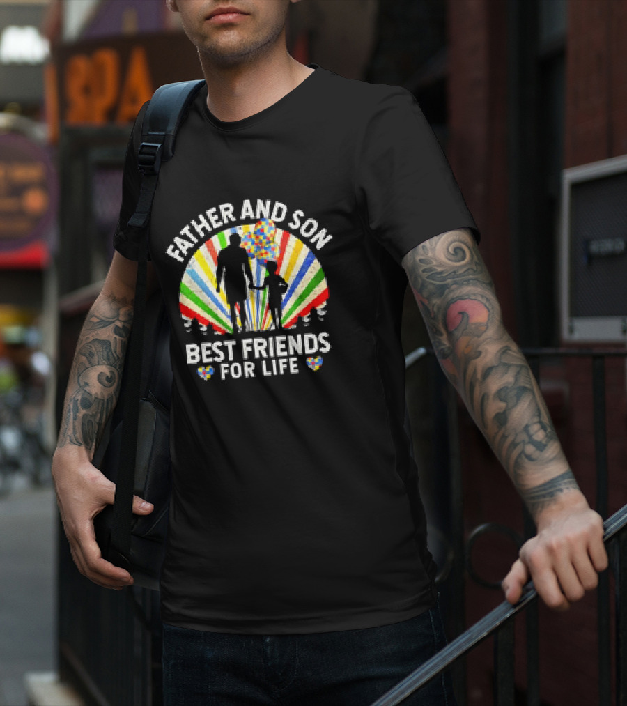 Father And Son Best Friends For Life Colorful Autism Awareness Ribbon Hearts T-Shirt