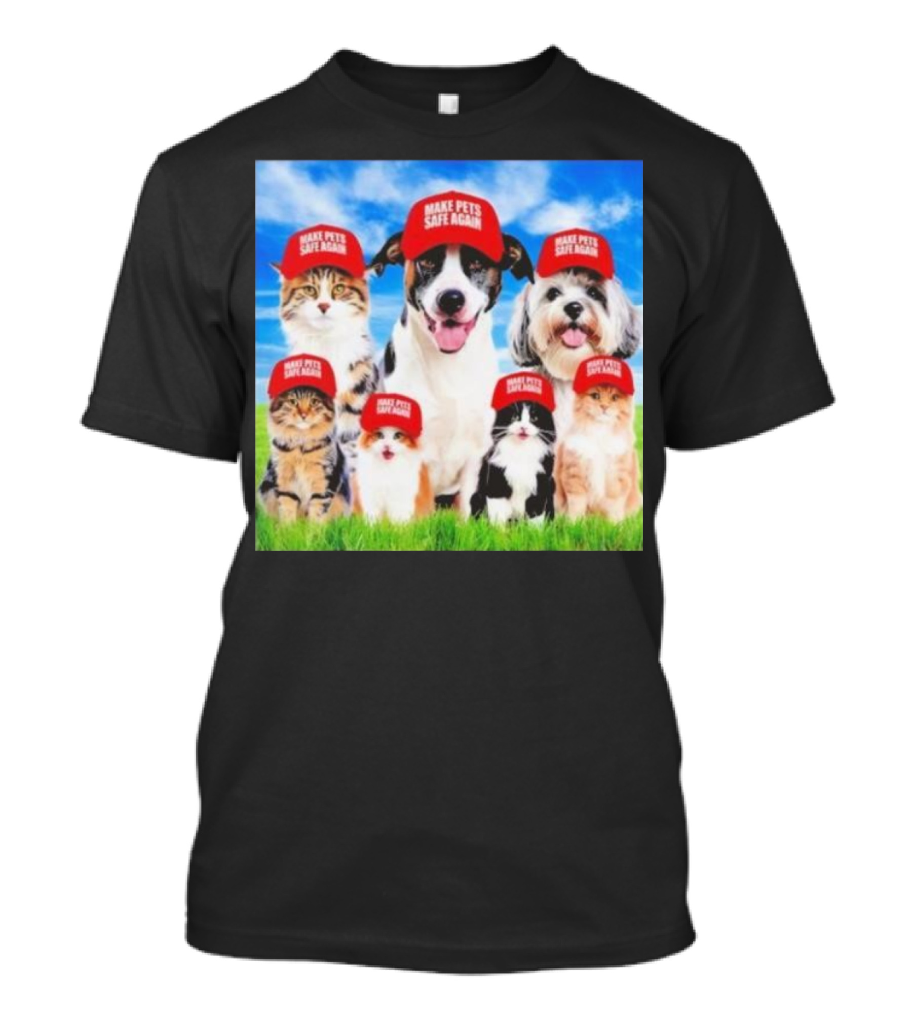Six Cats And Dogs Wearing Red Make Pets Safe Again Hats On Green Grass T-Shirt