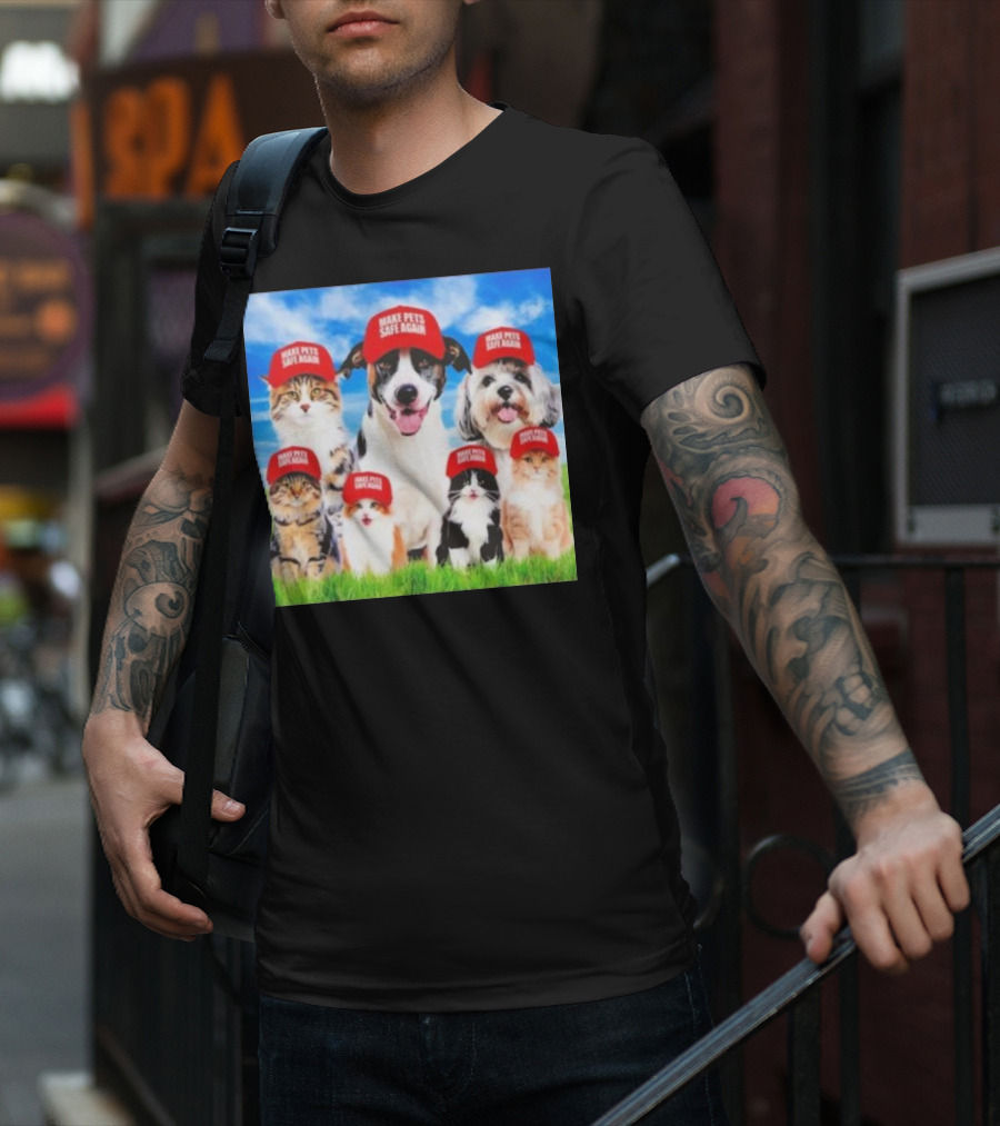 Six Cats And Dogs Wearing Red Make Pets Safe Again Hats On Green Grass T-Shirt