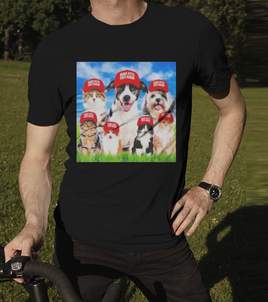 Six Cats And Dogs Wearing Red Make Pets Safe Again Hats On Green Grass T-Shirt