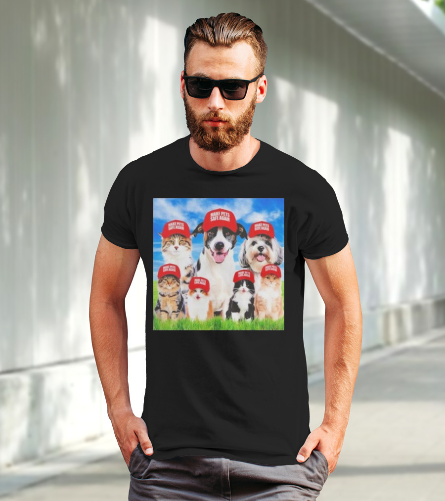 Six Cats And Dogs Wearing Red Make Pets Safe Again Hats On Green Grass T-Shirt