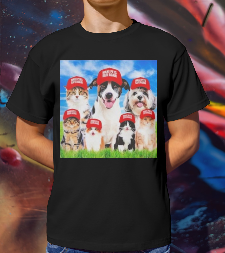 Six Cats And Dogs Wearing Red Make Pets Safe Again Hats On Green Grass T-Shirt