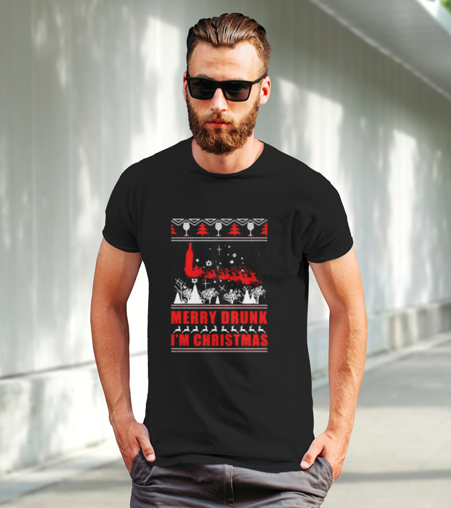 Merry Drunk I'm Christmas Santa Sleigh Red Bottle Trees Wine Glasses T-Shirt