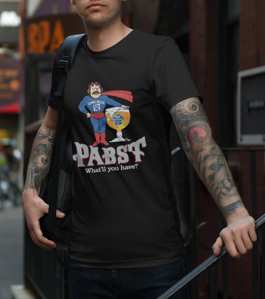 Cool Blue Pabst Superhero With Beer What’ll You Have T-Shirt