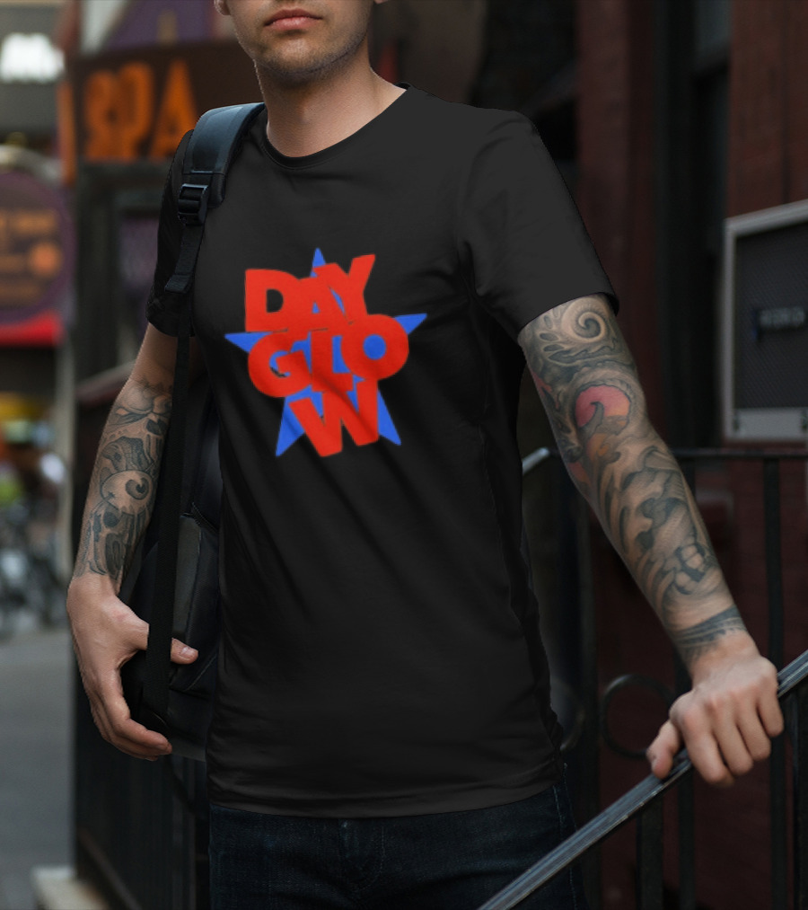 Day Glow Red Blue Star Stacked Black T-Shirt