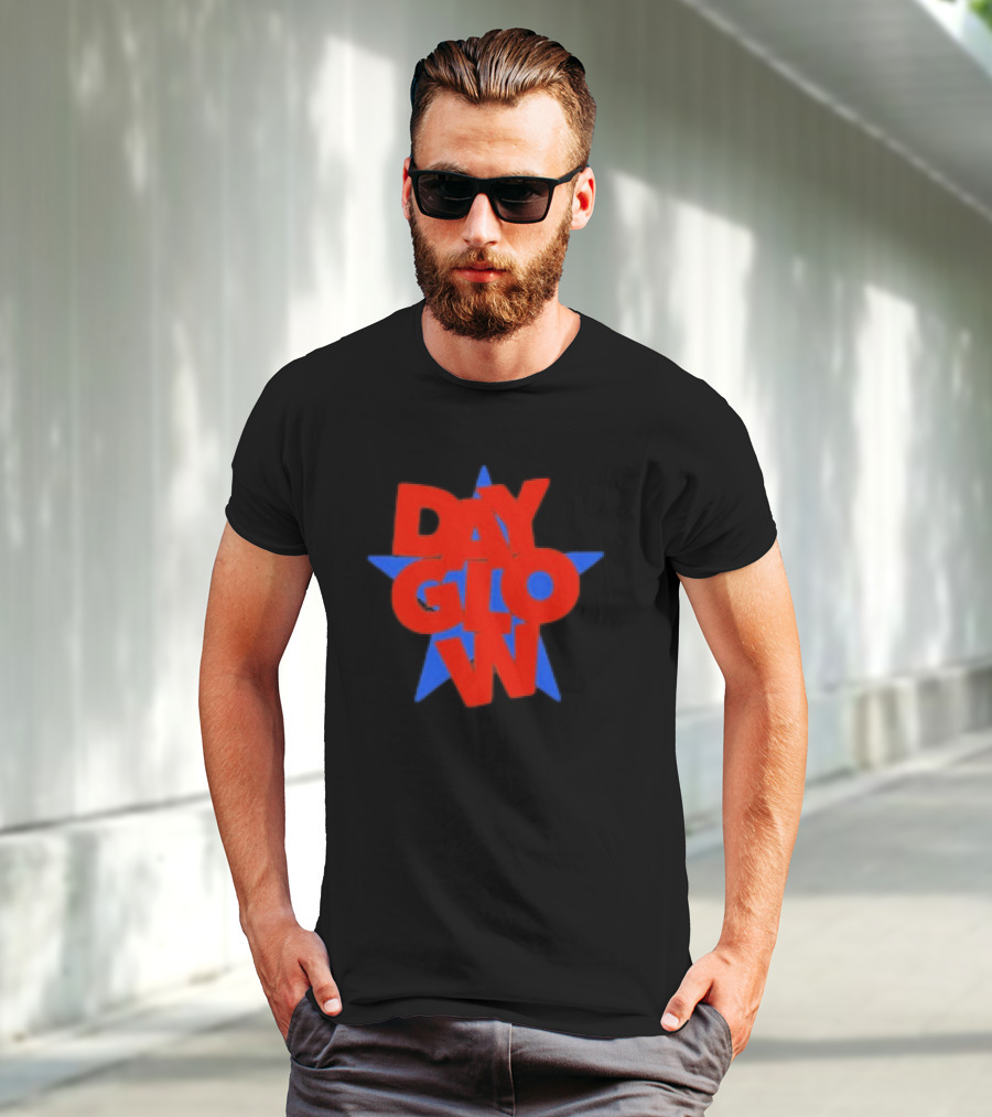 Day Glow Red Blue Star Stacked Black T-Shirt