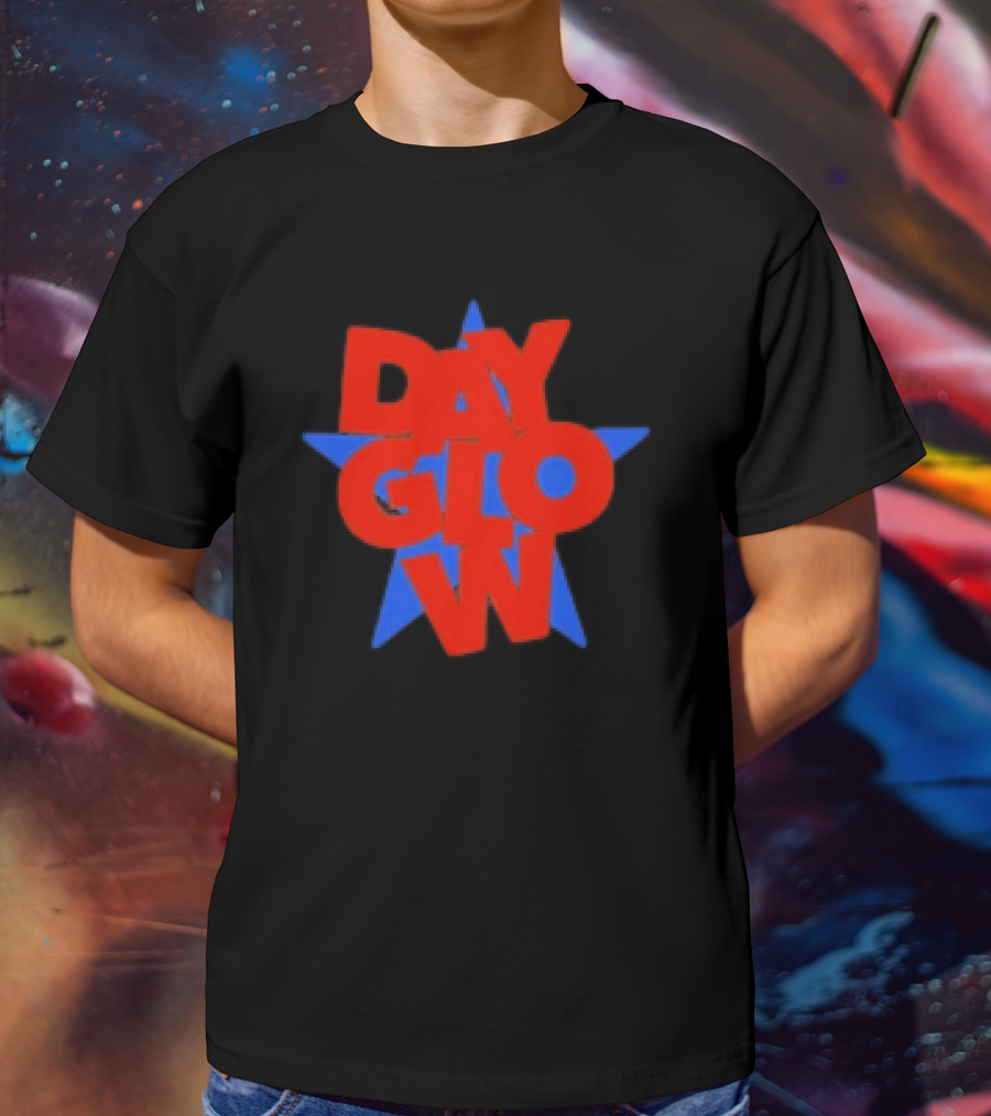 Day Glow Red Blue Star Stacked Black T-Shirt