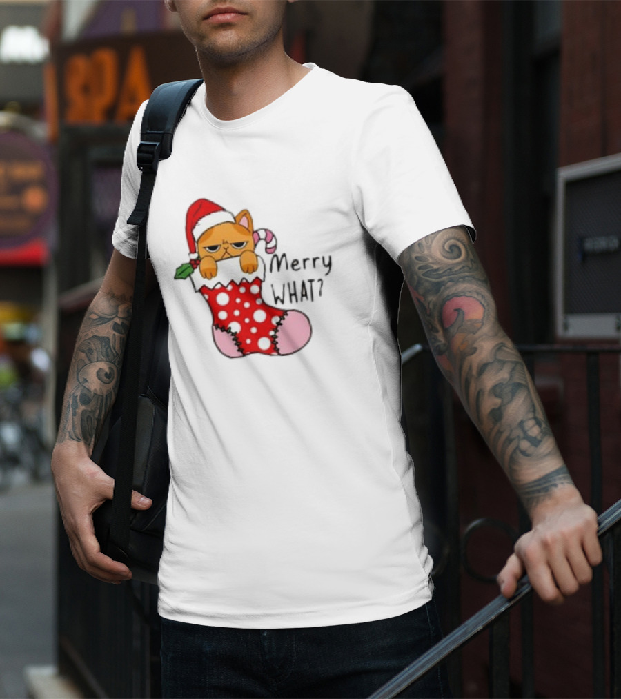 Merry What Cat In Santa Hat Christmas Stocking T-Shirt