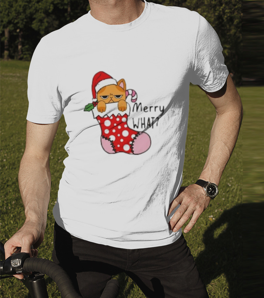 Merry What Cat In Santa Hat Christmas Stocking T-Shirt