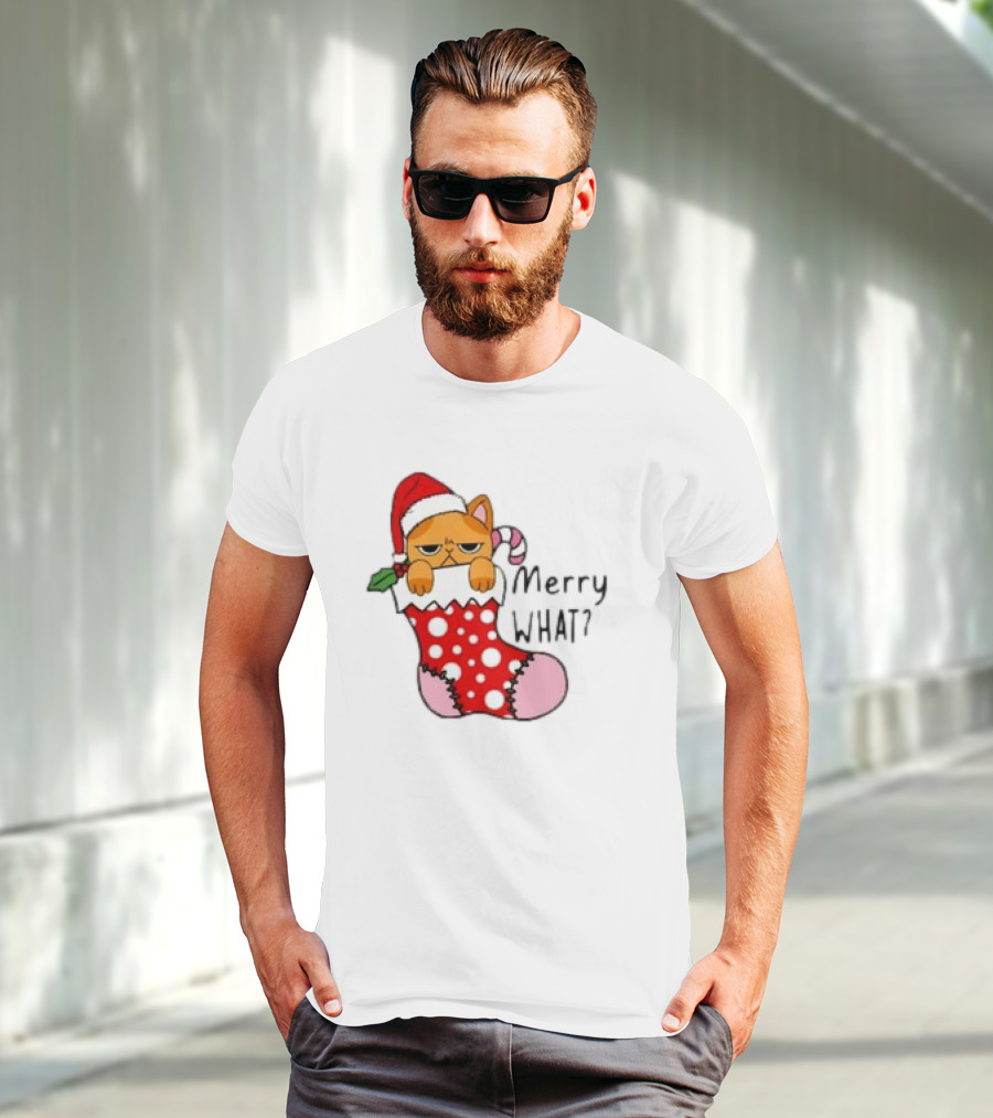Merry What Cat In Santa Hat Christmas Stocking T-Shirt
